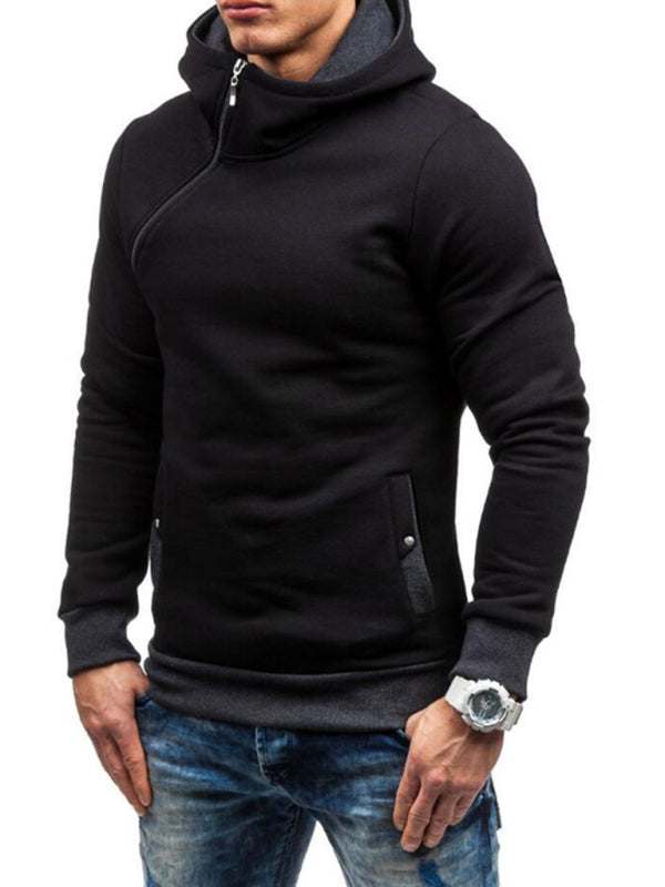 Stylish Men's Long-Sleeve Hoodie with Diagonal Zipper - Comfortable Solid Color for Every Occasion - MENLL