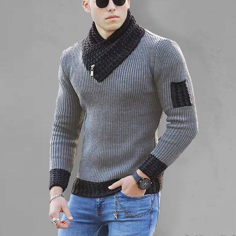 Plus size turtleneck sweater for men with long sleeves in gray knit.