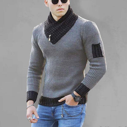 Plus size turtleneck sweater for men with long sleeves in gray knit.