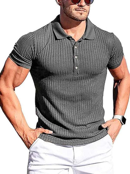 Men's high stretch vertical stripe slim fit polo shirt, short sleeves, stylish and comfortable.