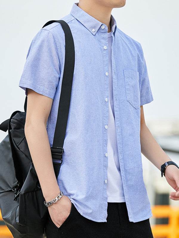 Youthful Casual Oxford Short-Sleeve Shirt with Stylish Double Pockets for Effortless Outings - MENLL