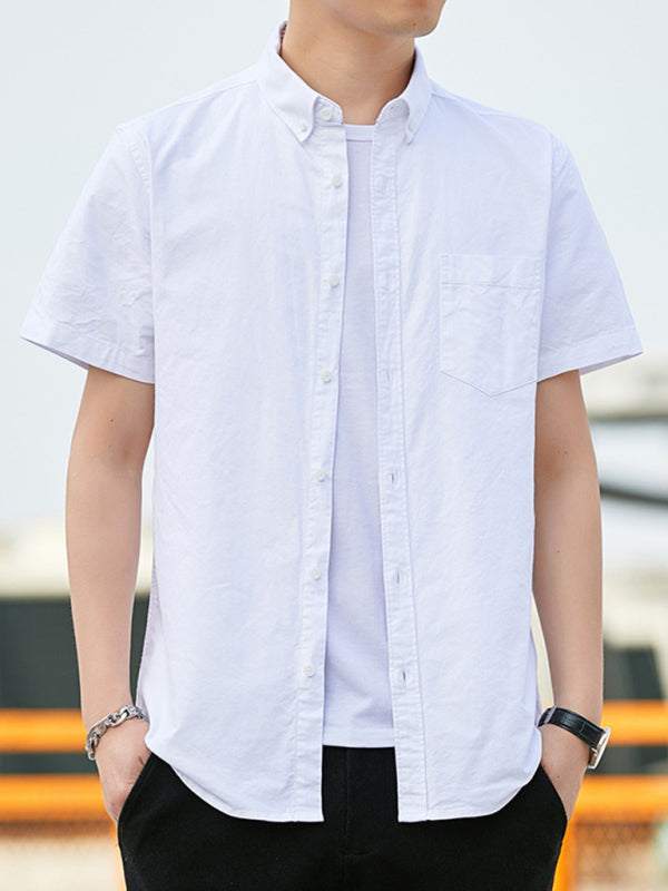 Youthful Casual Oxford Short-Sleeve Shirt with Stylish Double Pockets for Effortless Outings - MENLL