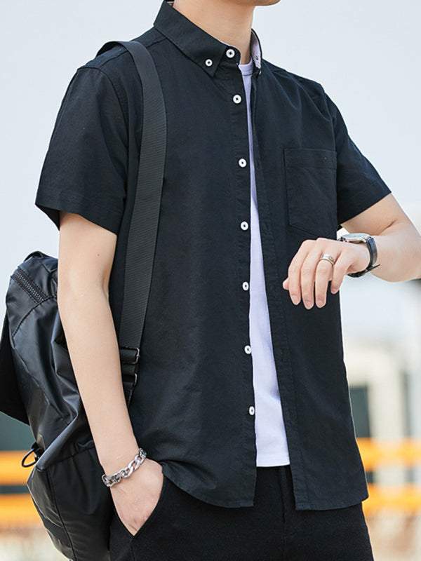 Youthful Casual Oxford Short-Sleeve Shirt with Stylish Double Pockets for Effortless Outings - MENLL