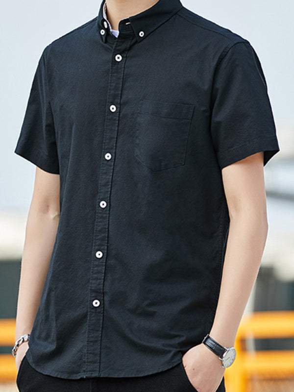 Youthful Casual Oxford Short-Sleeve Shirt with Stylish Double Pockets for Effortless Outings - MENLL