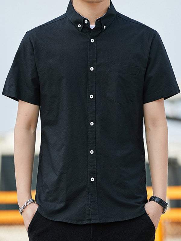 Youthful Casual Oxford Short-Sleeve Shirt with Stylish Double Pockets for Effortless Outings - MENLL