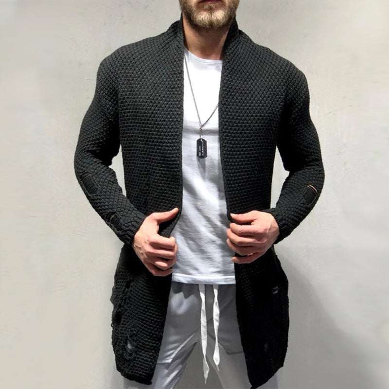 Solid color mid-length loose cardigan knitted jacket with dropped shoulder sleeves and self-design pattern.
