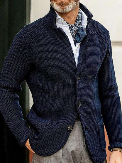 Men's stand collar knitted cardigan in navy, ideal winter sweater for casual outings.
