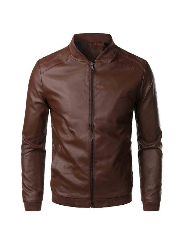 Men's brown casual PU leather knit jacket with standing neck and long sleeves.