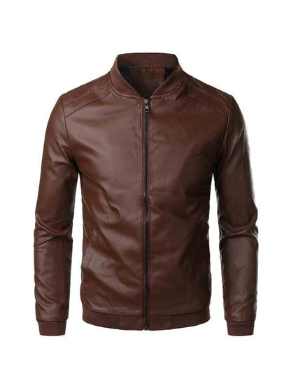 Men's brown casual PU leather knit jacket with standing neck and long sleeves.