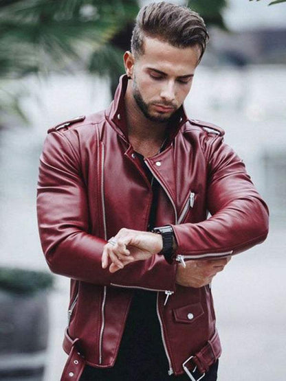 Chic Men's Zippered Leather Biker Jacket for Bold Style and Comfort