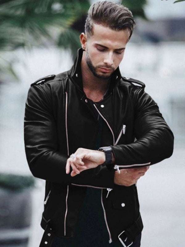 Chic Men's Zippered Leather Biker Jacket for Bold Style and Comfort
