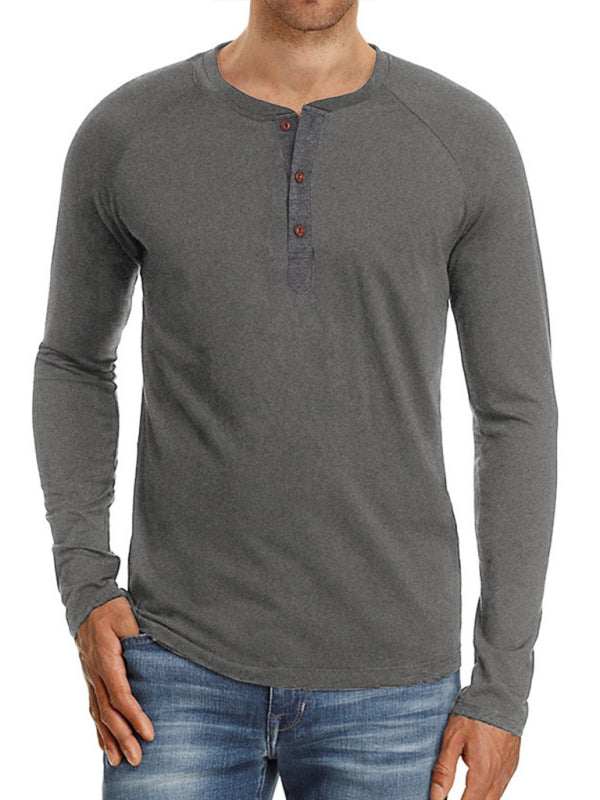 Men's casual button-up Henley long sleeve tee in gray, featuring a round neck, button details, and a slim fit, paired with jeans.
