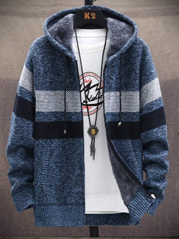 Trendy youth hooded fleece cardigan in contrast colors, slim fit, stylish jacket.