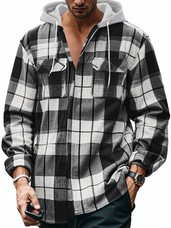 Loose casual flannel jacquard long sleeve hooded plaid shirt with welt pockets.