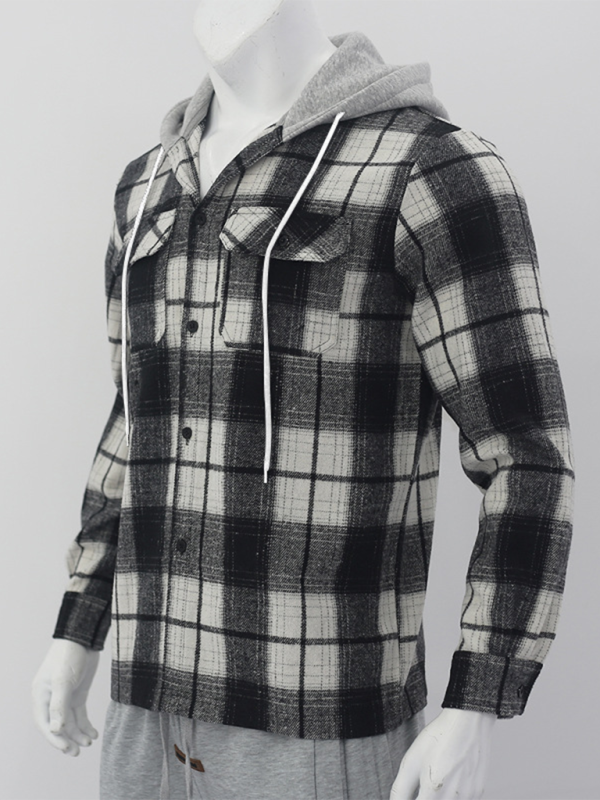 Cozy Autumn-Winter Plaid Hooded Flannel Shirt with Welt Pockets - MENLL