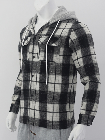 Cozy Autumn-Winter Plaid Hooded Flannel Shirt with Welt Pockets - MENLL