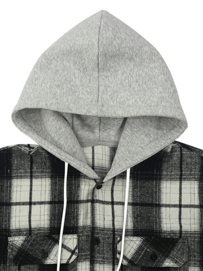 Cozy Autumn-Winter Plaid Hooded Flannel Shirt with Welt Pockets - MENLL