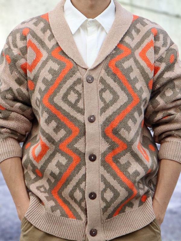 Vintage-inspired men's jacquard cardigan with retro pattern and lapel design.