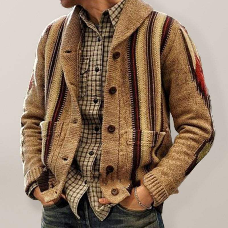 Elegant jacquard lapel sweater jacket for men, cozy winter long sleeve outerwear.