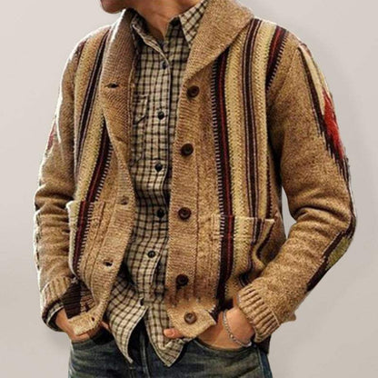 Elegant jacquard lapel sweater jacket for men, cozy winter long sleeve outerwear.
