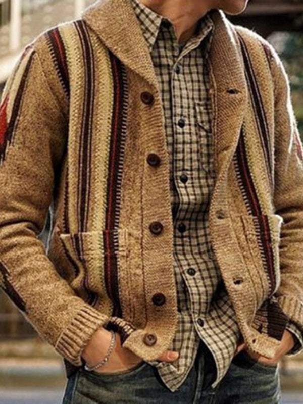 Elegant Jacquard Lapel Sweater Jacket for Men – Cozy Autumn-Winter Long Sleeve Outerwear