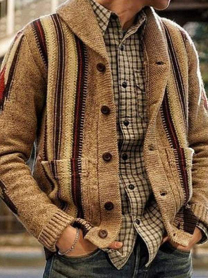 Elegant Jacquard Lapel Sweater Jacket for Men – Cozy Autumn-Winter Long Sleeve Outerwear