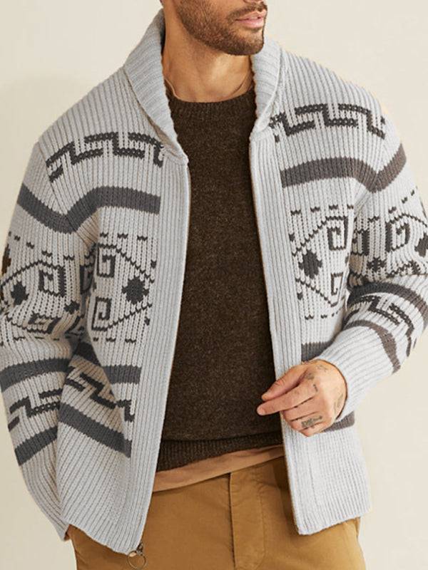 Stylish Men's Knitted Jacquard Jacket with Casual Lapel Design - MENLL