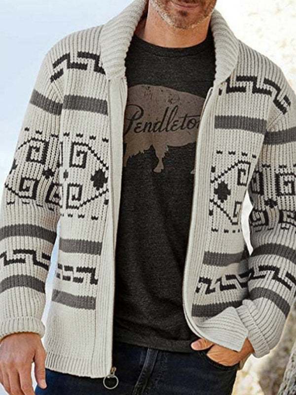 Stylish Men's Knitted Jacquard Jacket with Casual Lapel Design - MENLL