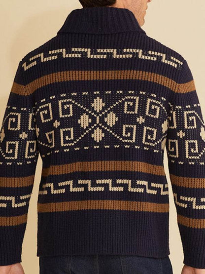 Stylish Men's Knitted Jacquard Jacket with Casual Lapel Design - MENLL