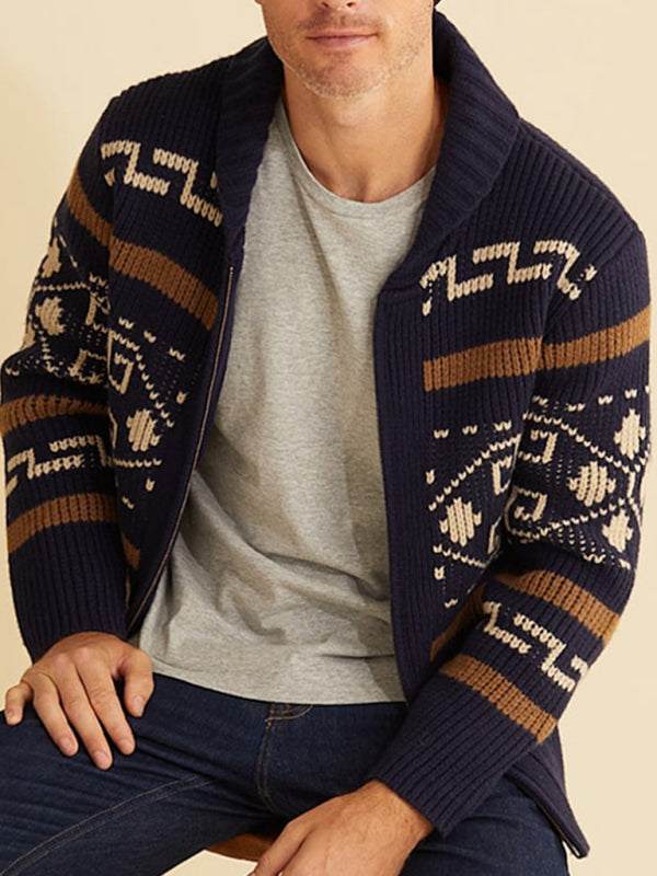 Stylish Men's Knitted Jacquard Jacket with Casual Lapel Design - MENLL