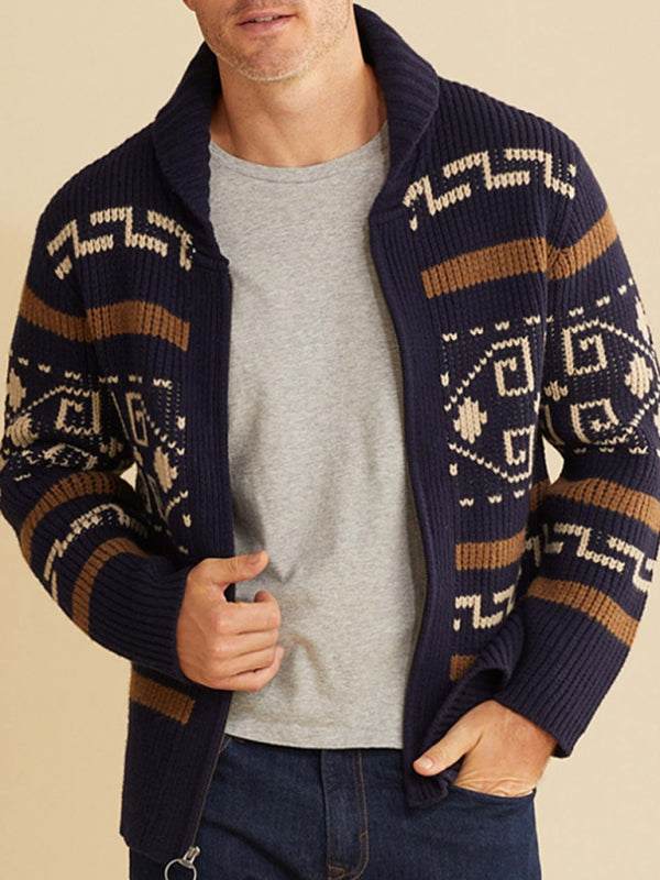 Stylish Men's Knitted Jacquard Jacket with Casual Lapel Design - MENLL