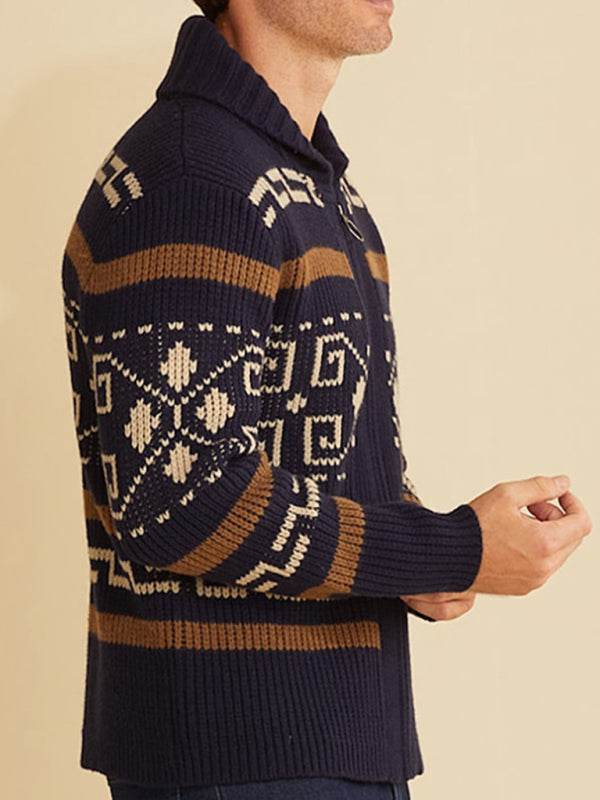 Stylish Men's Knitted Jacquard Jacket with Casual Lapel Design - MENLL