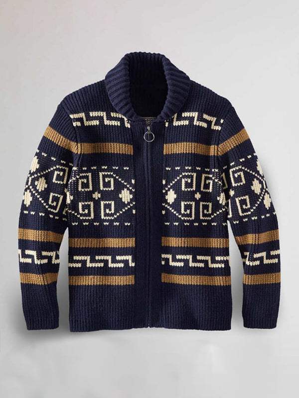 Stylish Men's Knitted Jacquard Jacket with Casual Lapel Design - MENLL