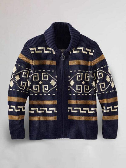 Stylish Men's Knitted Jacquard Jacket with Casual Lapel Design - MENLL