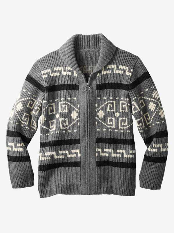 Stylish Men's Knitted Jacquard Jacket with Casual Lapel Design - MENLL