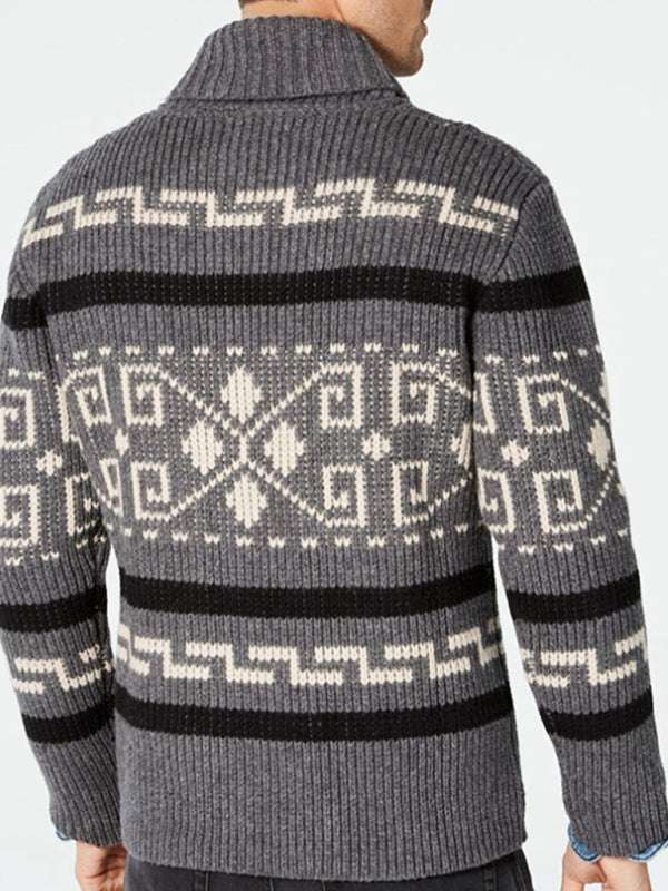 Stylish Men's Knitted Jacquard Jacket with Casual Lapel Design - MENLL