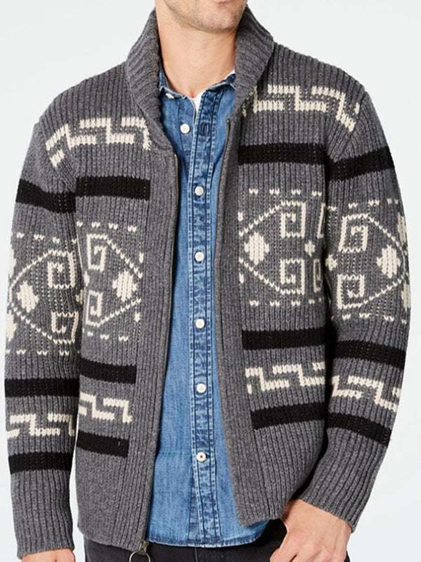 Stylish Men's Knitted Jacquard Jacket with Casual Lapel Design - MENLL