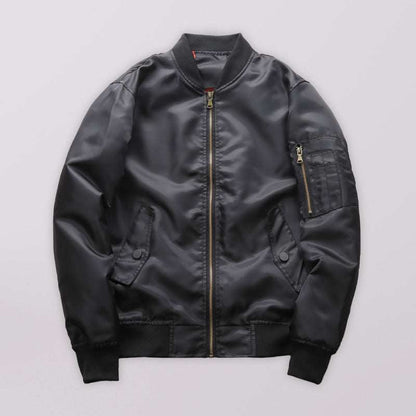 Unisex black air force pilot jacket with baseball collar and flap pockets.