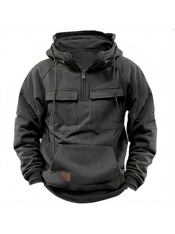 Men's solid color hooded sports multi-pocket sweatshirt jacket - MENLL
