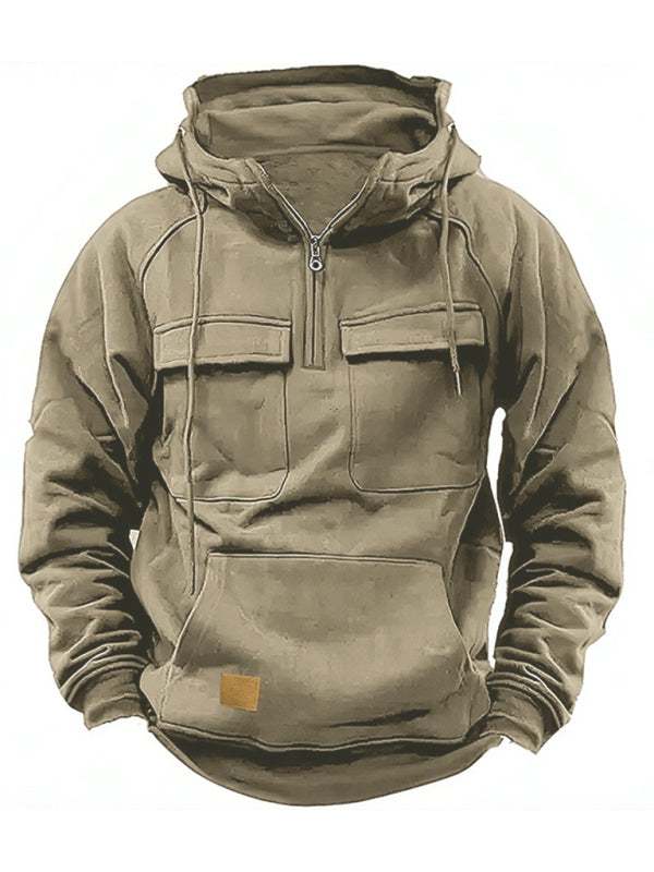 Men's solid color hooded sports multi-pocket sweatshirt jacket - MENLL