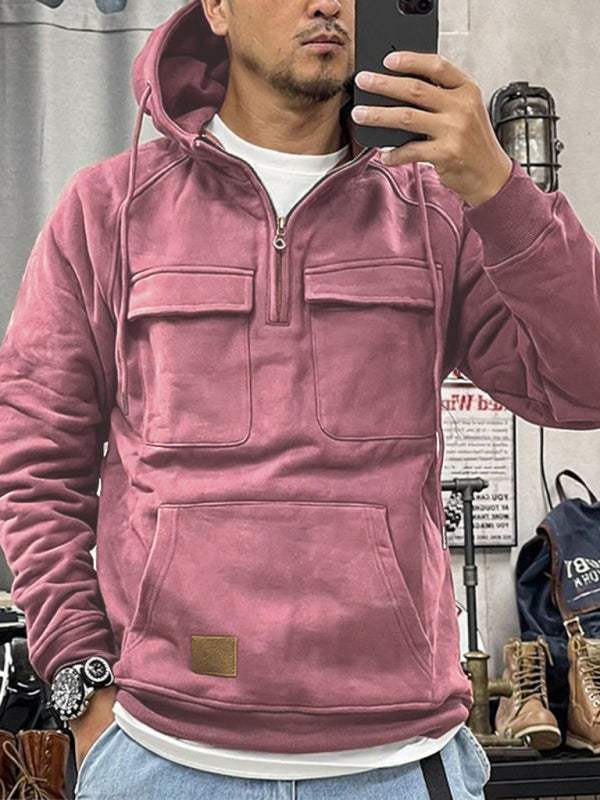 Men's hooded sports sweatshirt jacket, solid color, multi-pocket design.