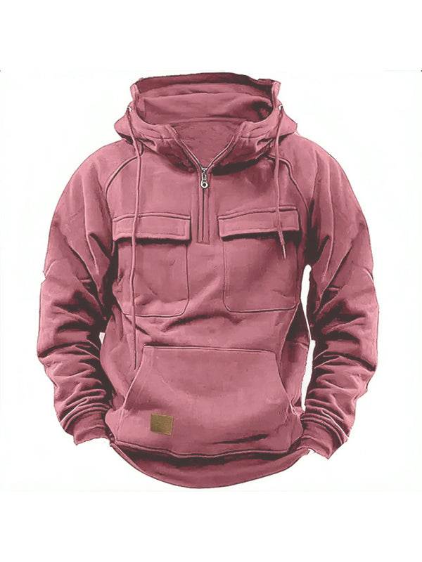 Men's solid color hooded sports multi-pocket sweatshirt jacket - MENLL