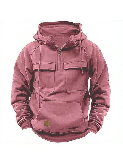Men's solid color hooded sports multi-pocket sweatshirt jacket - MENLL