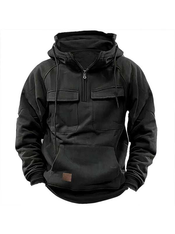 Men's solid color hooded sports multi-pocket sweatshirt jacket - MENLL