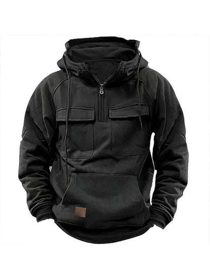 Men's solid color hooded sports multi-pocket sweatshirt jacket - MENLL