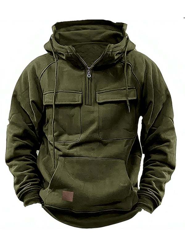 Men's solid color hooded sports multi-pocket sweatshirt jacket - MENLL