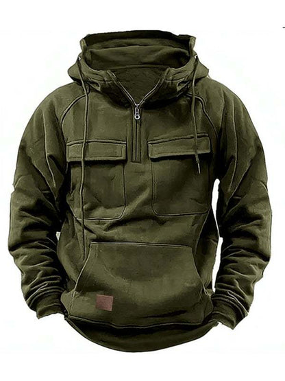 Men's solid color hooded sports multi-pocket sweatshirt jacket - MENLL