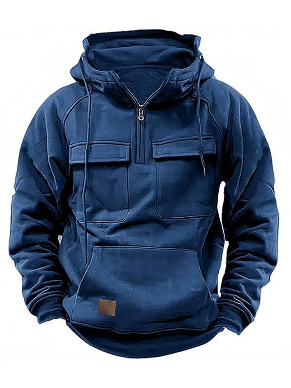 Men's solid color hooded sports multi-pocket sweatshirt jacket - MENLL