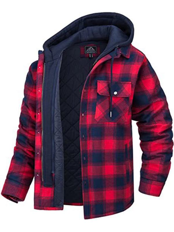 Men's oversized hooded plaid jacket, thick padded comfort, autumn-winter adventures.