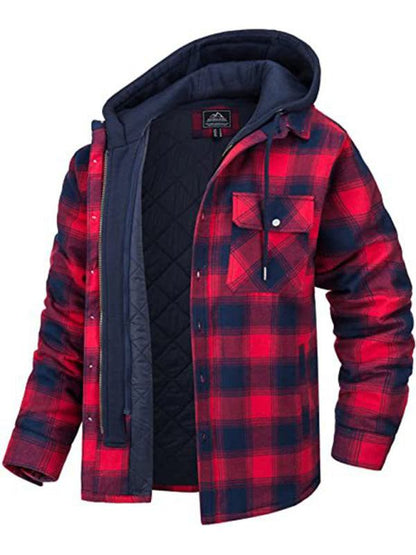 Men's oversized hooded plaid jacket, thick padded comfort, autumn-winter adventures.